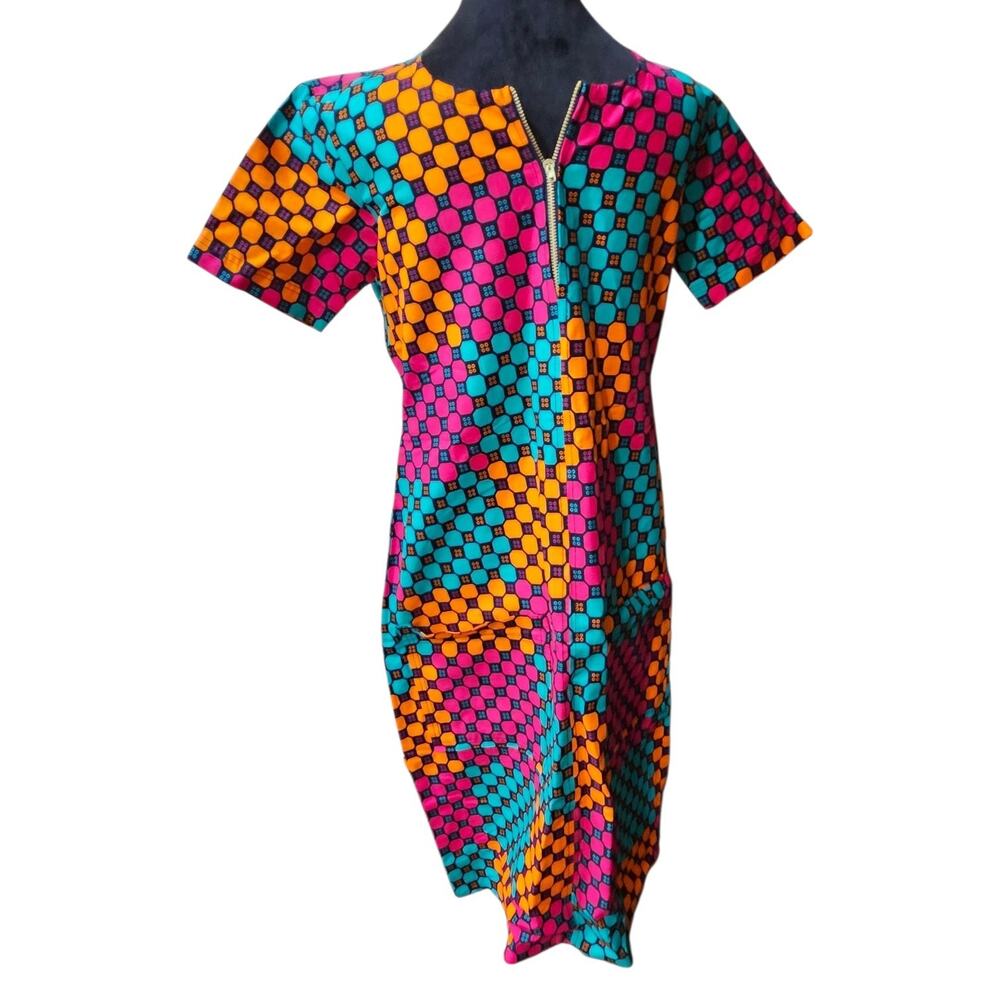 Vintage 60s 70s Geometric Wax Print Zip Front Shift Dress Neon Pink Turquoise M